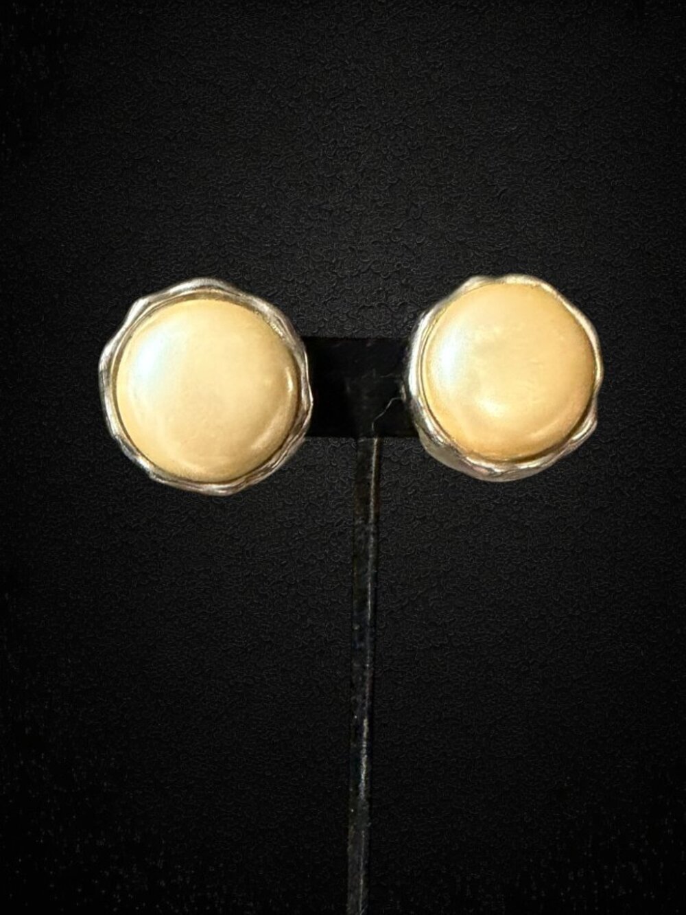 Vintage Faux Pearl Clip On Earrings Silver Tone Button Round Classic Bridal 80s